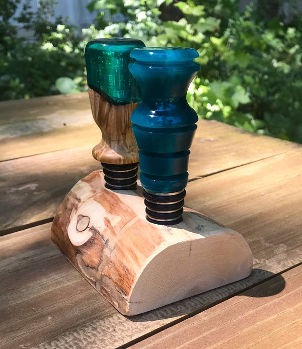 Tahoe Wood Log Double Bottle Stopper Display Stand - Tahoe White Fir Wood - omG Artisan Shoppe